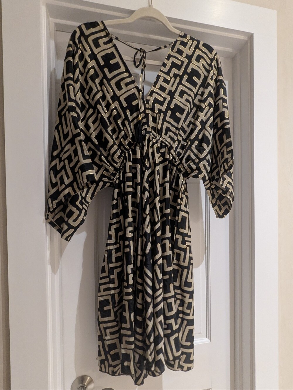 Black and Cream Geometric V-Neck Women’s Dress